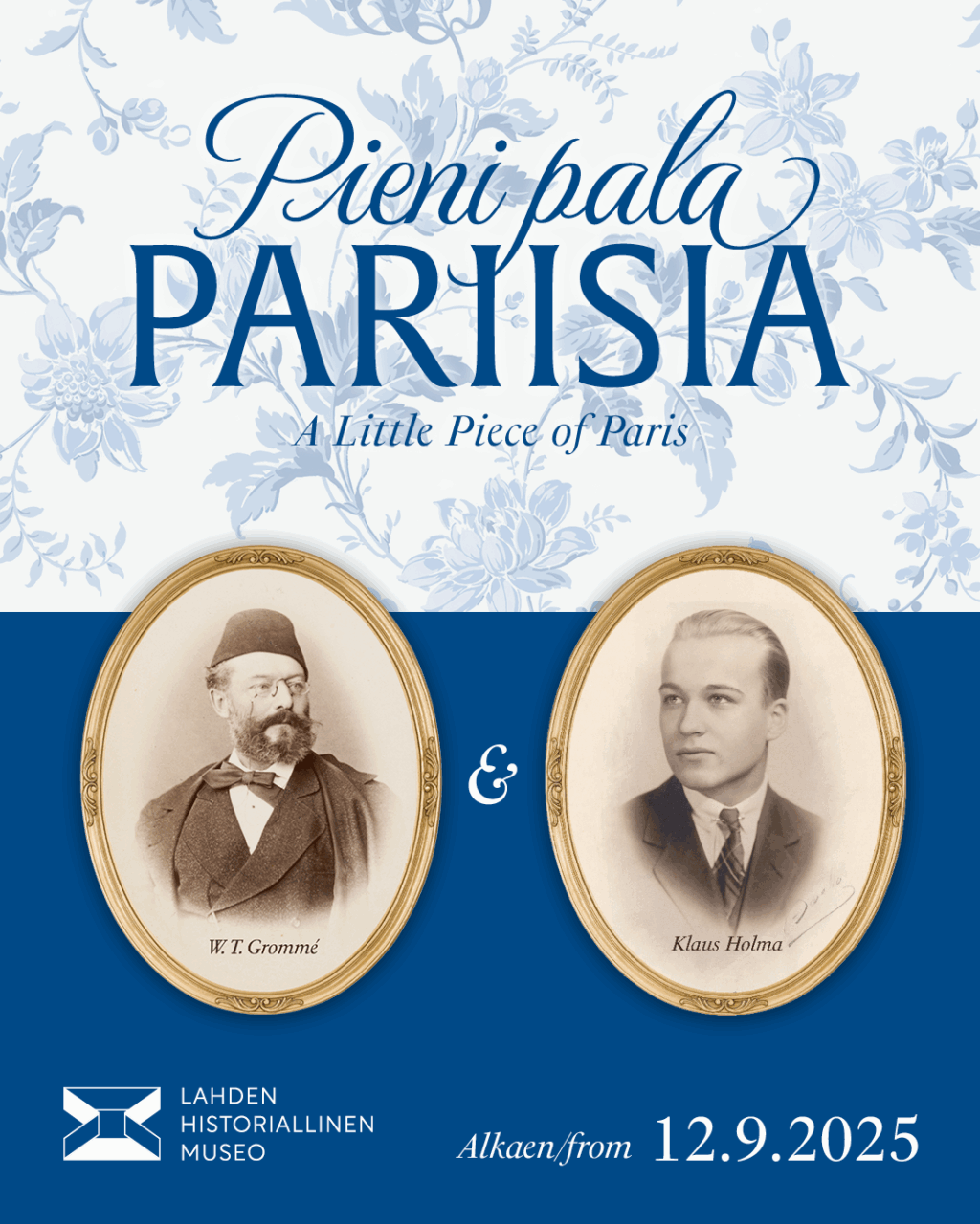 Sinisävyisessä julisteessa vanhat kasvovalokuvat kahdesta miehestä.
